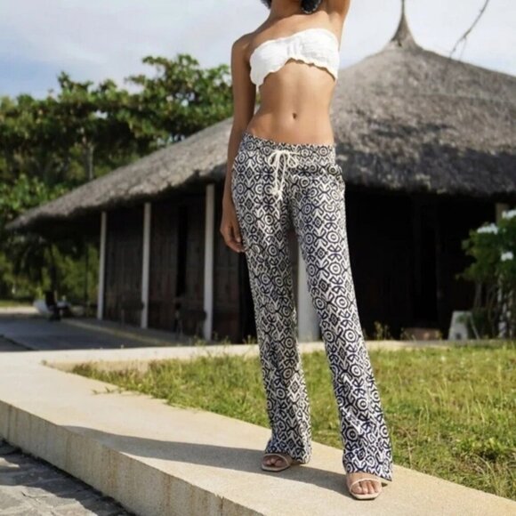 Cali1850 Navy White Smocked Drawstring Waist Wide Leg Pants Linen Blend Women S - Picture 1 of 16